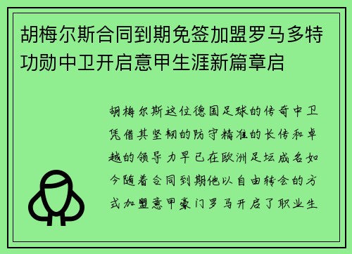 胡梅尔斯合同到期免签加盟罗马多特功勋中卫开启意甲生涯新篇章启 胡梅尔斯合同到期免签加盟罗马多特功勋中卫开启意甲生涯新篇章启