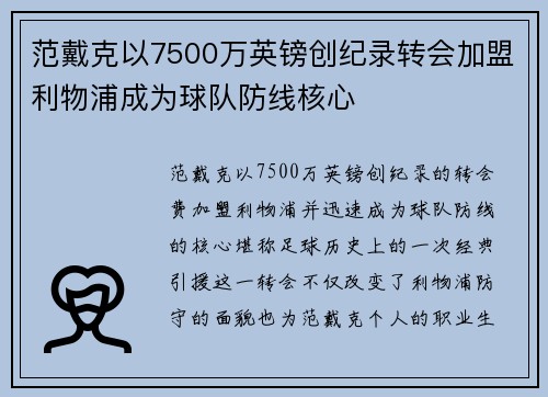 范戴克以7500万英镑创纪录转会加盟利物浦成为球队防线核心