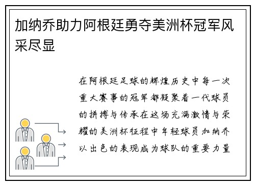 加纳乔助力阿根廷勇夺美洲杯冠军风采尽显